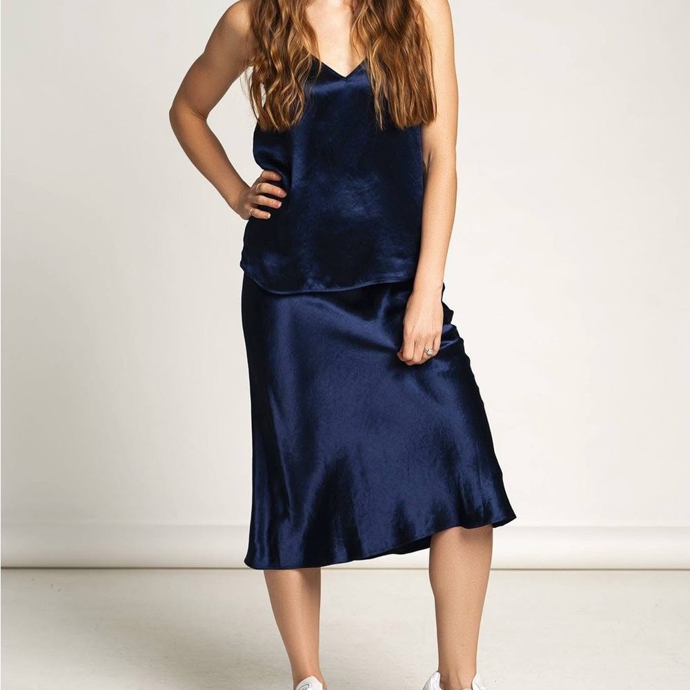 Navy Blue Satin Tank and Skirt Set, from Aritzia